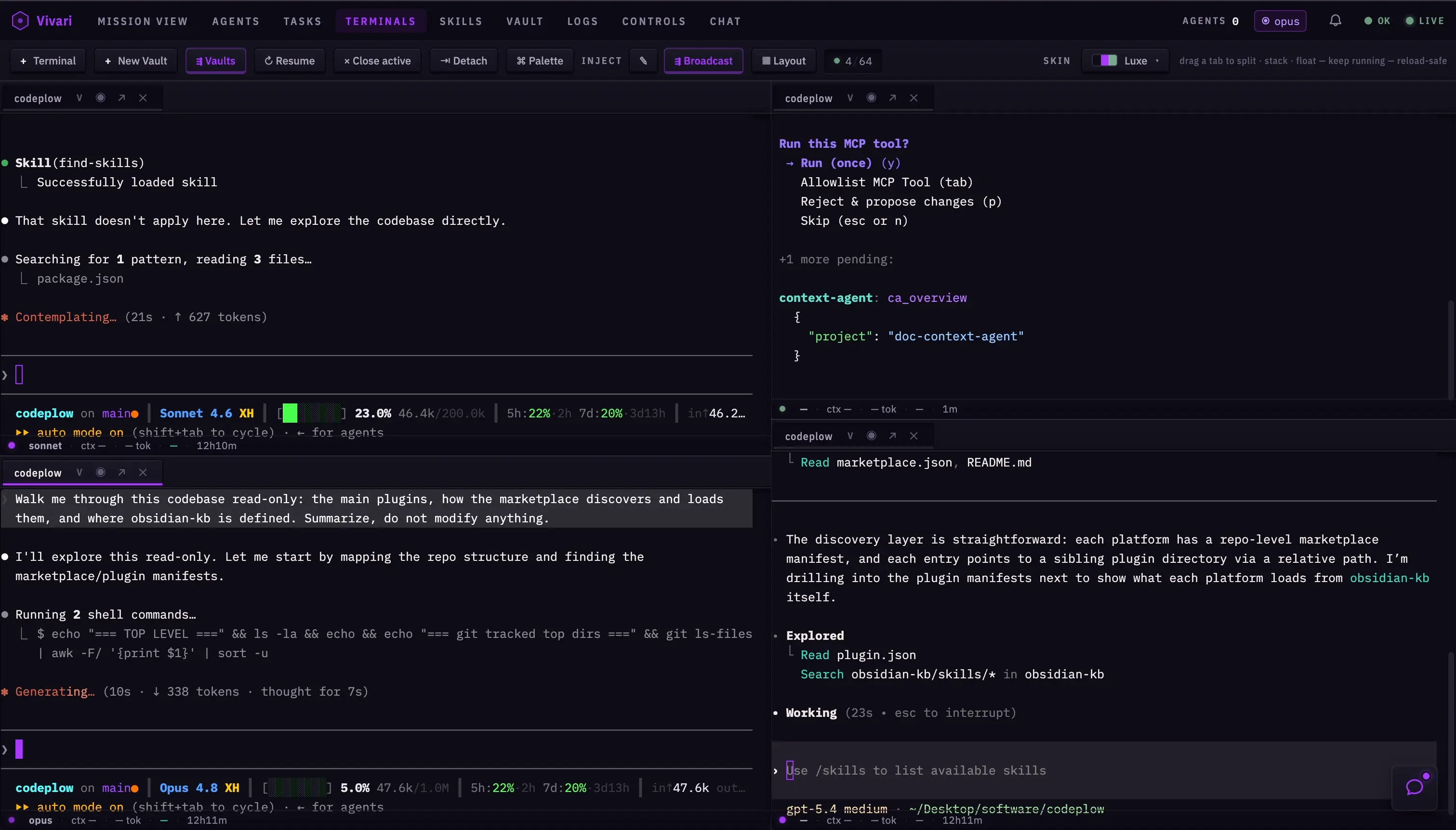 Vivari Terminals — real agent terminals side by side: streaming Claude Code sessions with context meters and queued approvals