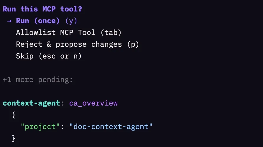 A Vivari permission gate in a live terminal: “Run this MCP tool?” — run once, allowlist, reject and propose changes, or skip